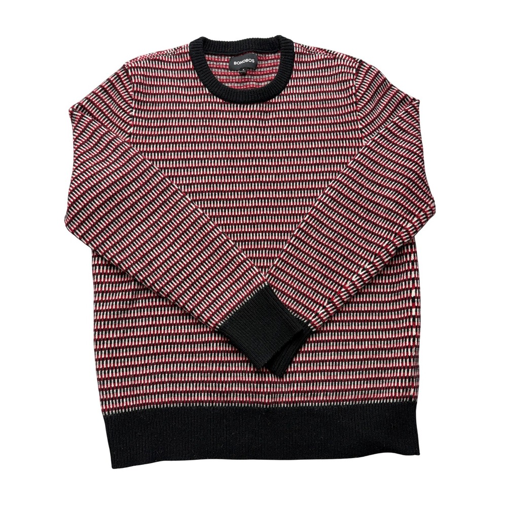 Bonobos Sweater Mens Medium Red Black Wool Nylon Crewneck Striped Knit Pullover